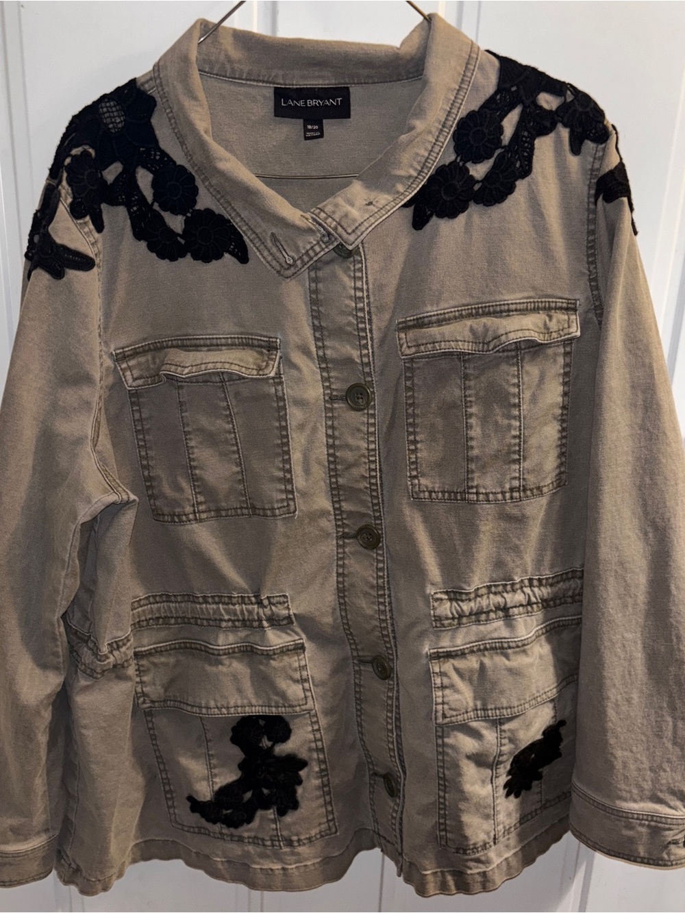 Lane Bryant 18/20 Taupe Utility Jacket w/Black Lace+crochet Trim ptp:25-27 L:27